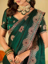 Emerald Green Designer Fendy Satin Saree with Heavy Embroidered Border | Premium Festive Party Wear Saree with Floral Embroidery & Matching Blouse