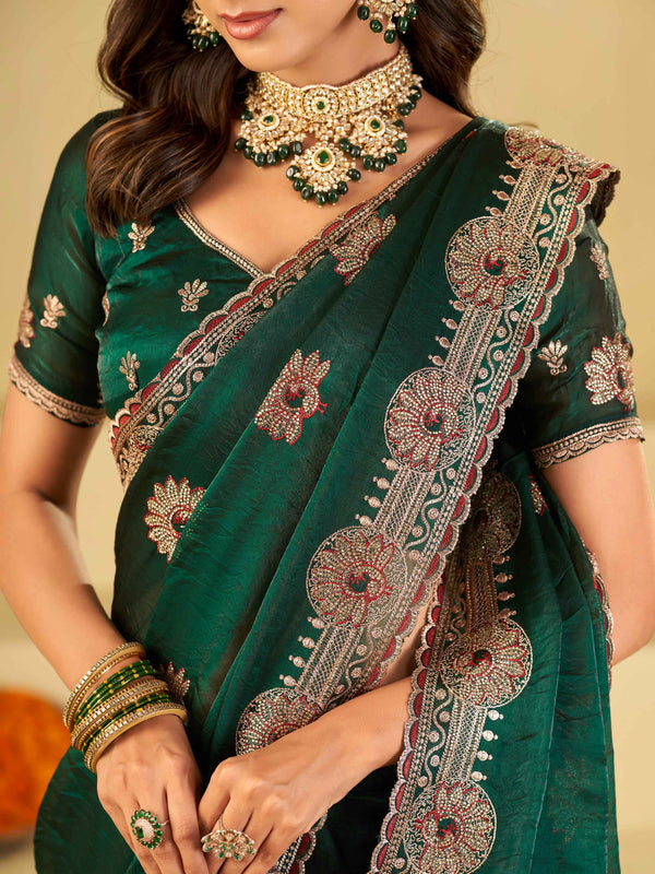 Emerald Green Designer Fendy Satin Saree with Heavy Embroidered Border | Premium Festive Party Wear Saree with Floral Embroidery & Matching Blouse