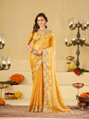 Mustard Yellow Fendy Satin Saree with Multicolor Floral Embroidery Border | Designer Party Wear Saree with Blouse