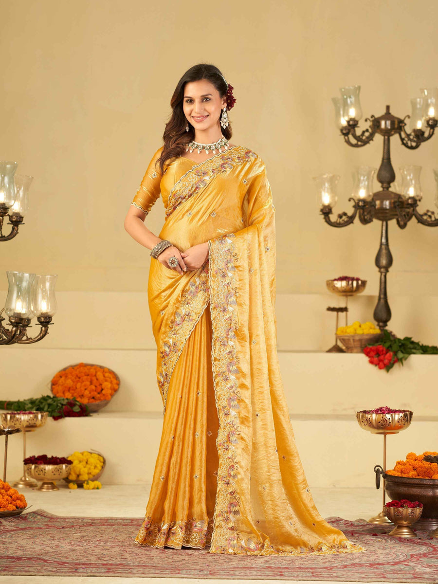 Mustard Yellow Fendy Satin Saree with Multicolor Floral Embroidery Border | Designer Party Wear Saree with Blouse