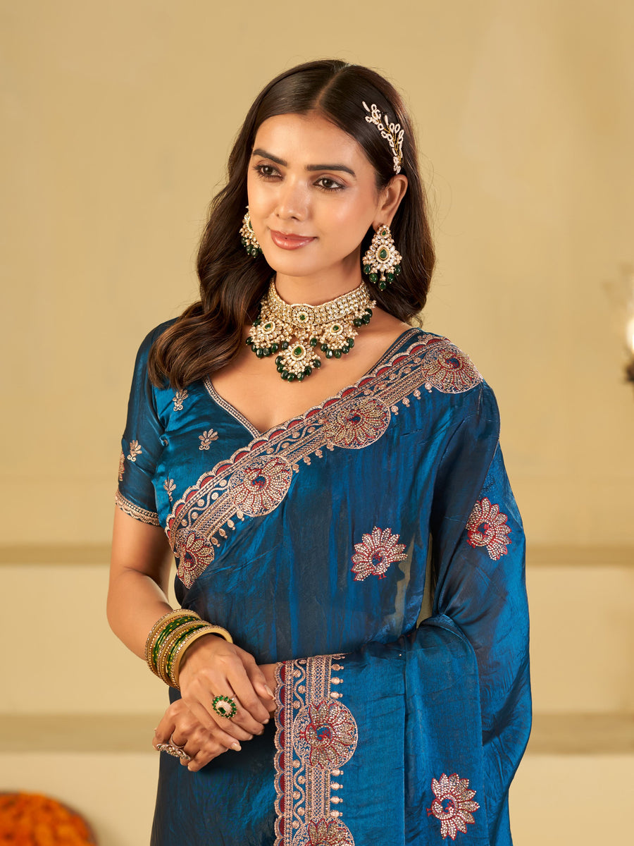 Royal Blue Designer Fendy Satin Saree with Heavy Embroidered Border | Premium Festive Party Wear Saree with Floral Embroidery & Matching Blouse