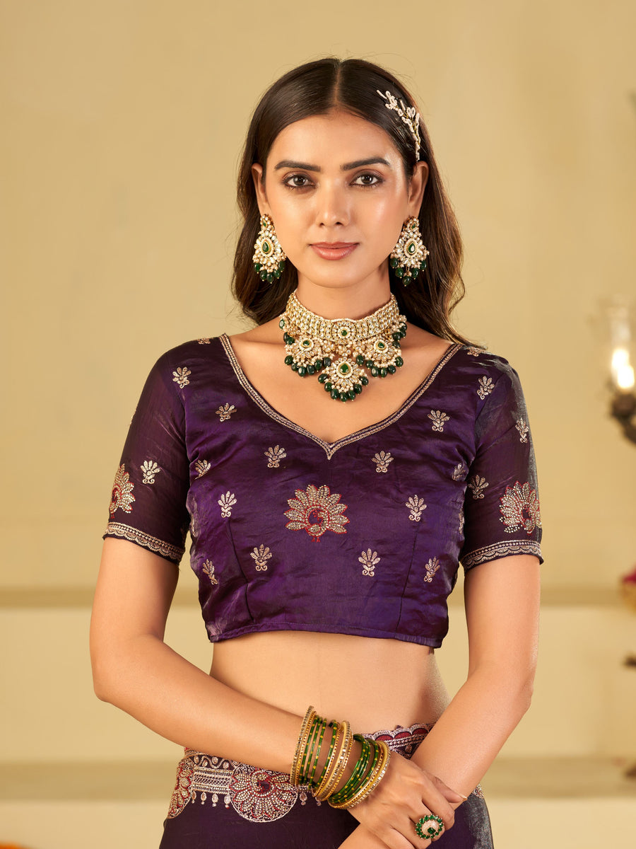 Royal Purple Designer Fendy Satin Saree with Heavy Embroidered Border | Premium Festive Party Wear Saree with Floral Embroidery & Matching Blouse