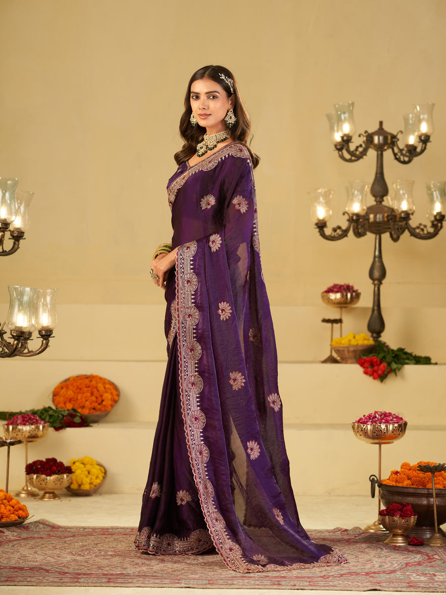 Royal Purple Designer Fendy Satin Saree with Heavy Embroidered Border | Premium Festive Party Wear Saree with Floral Embroidery & Matching Blouse