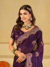 Royal Purple Designer Fendy Satin Saree with Heavy Embroidered Border | Premium Festive Party Wear Saree with Floral Embroidery & Matching Blouse