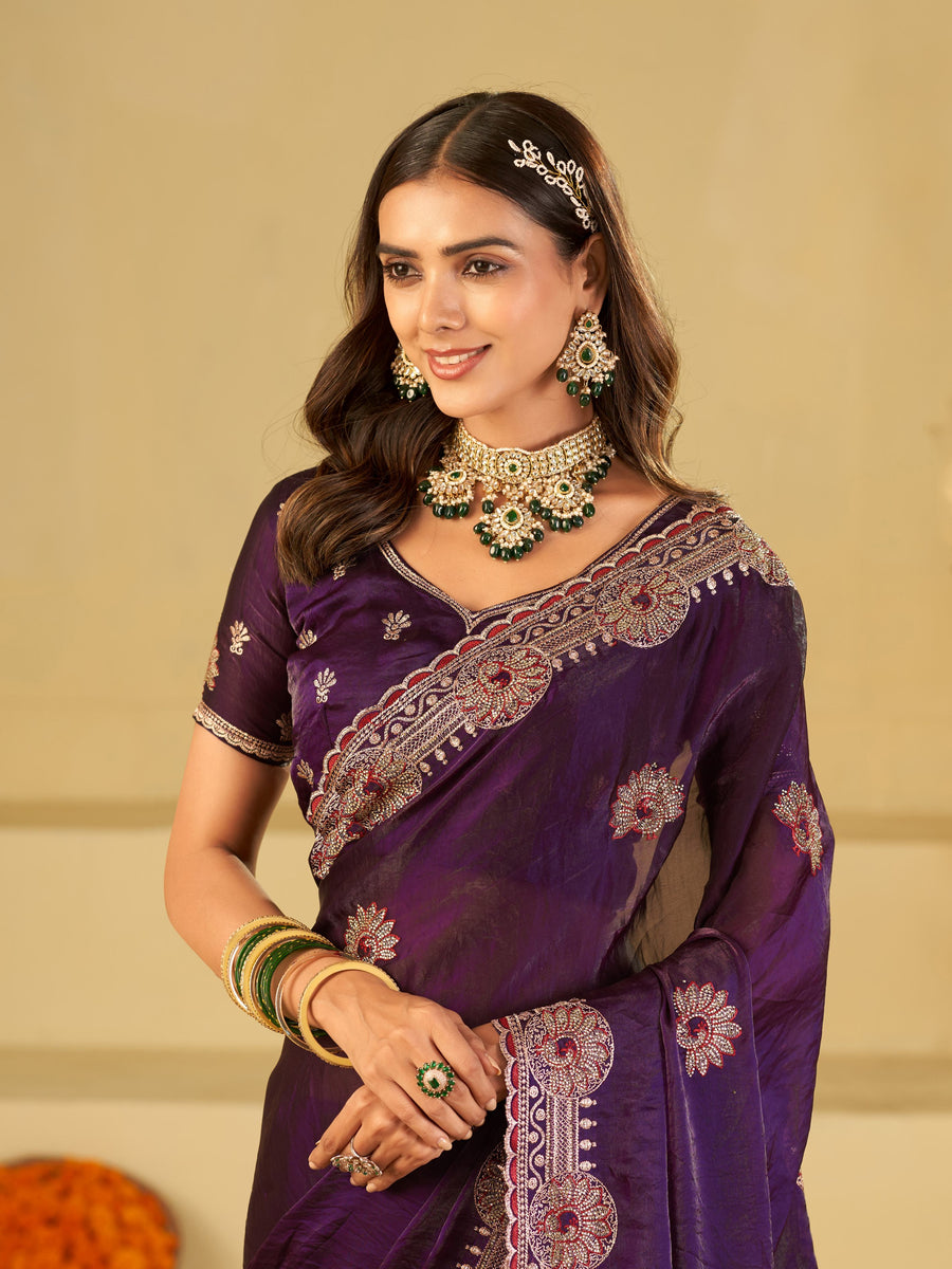Royal Purple Designer Fendy Satin Saree with Heavy Embroidered Border | Premium Festive Party Wear Saree with Floral Embroidery & Matching Blouse
