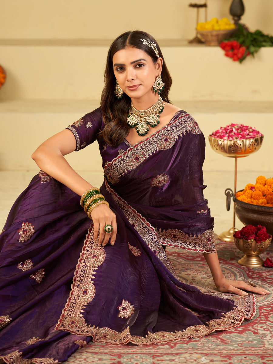 Royal Purple Designer Fendy Satin Saree with Heavy Embroidered Border | Premium Festive Party Wear Saree with Floral Embroidery & Matching Blouse