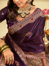 Royal Purple Designer Fendy Satin Saree with Heavy Embroidered Border | Premium Festive Party Wear Saree with Floral Embroidery & Matching Blouse