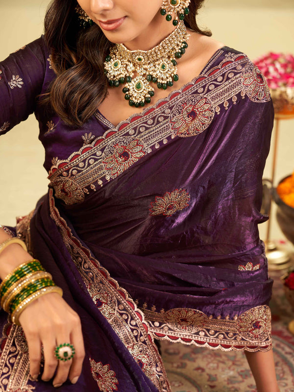 Royal Purple Designer Fendy Satin Saree with Heavy Embroidered Border | Premium Festive Party Wear Saree with Floral Embroidery & Matching Blouse