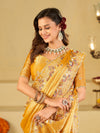 Mustard Yellow Fendy Satin Saree with Multicolor Floral Embroidery Border | Designer Party Wear Saree with Blouse