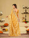 Mustard Yellow Fendy Satin Saree with Multicolor Floral Embroidery Border | Designer Party Wear Saree with Blouse