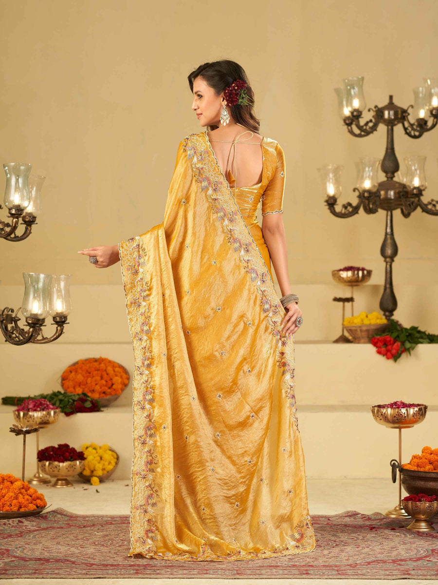 Mustard Yellow Fendy Satin Saree with Multicolor Floral Embroidery Border | Designer Party Wear Saree with Blouse