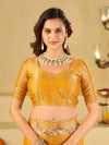 Mustard Yellow Fendy Satin Saree with Multicolor Floral Embroidery Border | Designer Party Wear Saree with Blouse