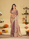 Lavender Gold Fendy Satin Saree with Multicolor Floral Embroidery Border | Designer Party Wear Saree with Blouse
