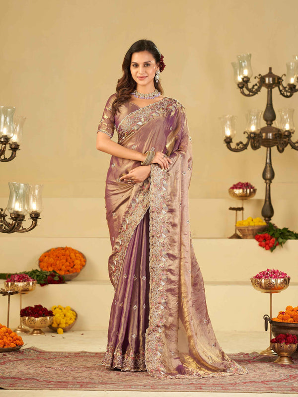 Lavender Gold Fendy Satin Saree with Multicolor Floral Embroidery Border | Designer Party Wear Saree with Blouse