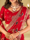 Ruby Red Designer Fendy Satin Saree with Floral Embroidery Work | Premium Wedding & Party Wear Embroidered Saree with Blouse