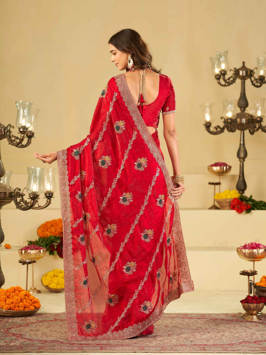Ruby Red Designer Fendy Satin Saree with Floral Embroidery Work | Premium Wedding & Party Wear Embroidered Saree with Blouse
