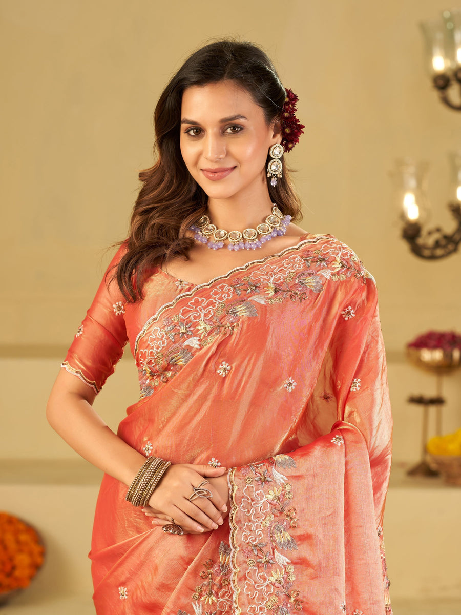 Peach Pink Fendy Satin Saree with Multicolor Floral Embroidery Border | Designer Party Wear Saree with Blouse