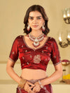 Wine Red Designer Fendy Satin Saree with Floral Embroidery Work | Premium Party Wear Embroidered Saree with Blouse