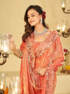 Peach Pink Fendy Satin Saree with Multicolor Floral Embroidery Border | Designer Party Wear Saree with Blouse