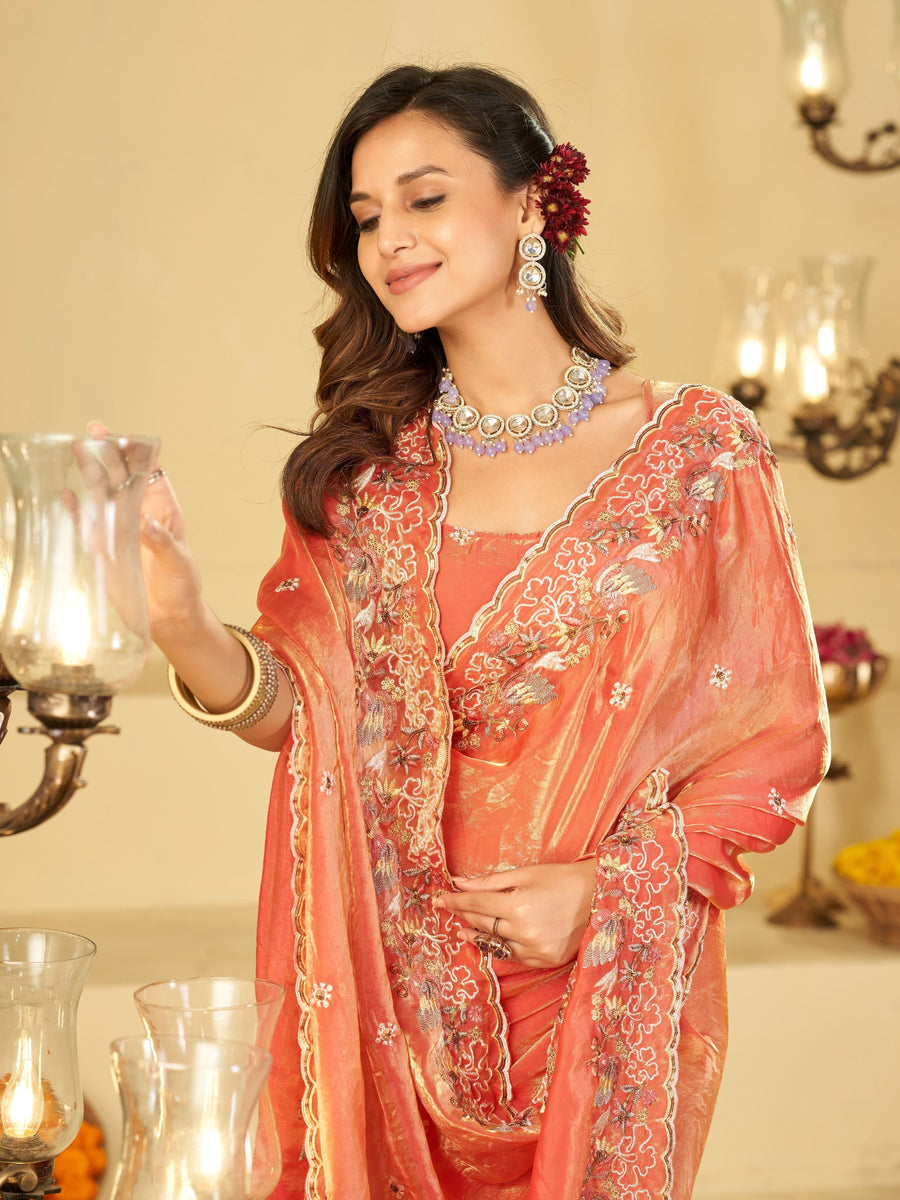 Peach Pink Fendy Satin Saree with Multicolor Floral Embroidery Border | Designer Party Wear Saree with Blouse