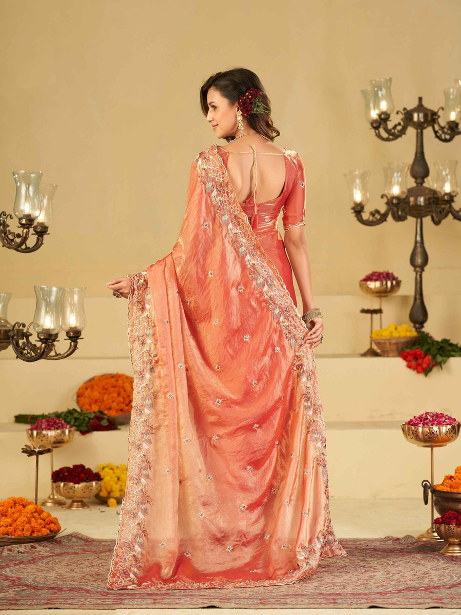 Peach Pink Fendy Satin Saree with Multicolor Floral Embroidery Border | Designer Party Wear Saree with Blouse