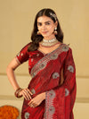 Ruby Red Designer Fendy Satin Saree with Heavy Embroidered Border | Premium Festive Party Wear Saree with Floral Embroidery & Matching Blouse