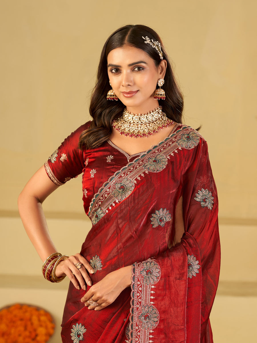 Ruby Red Designer Fendy Satin Saree with Heavy Embroidered Border | Premium Festive Party Wear Saree with Floral Embroidery & Matching Blouse