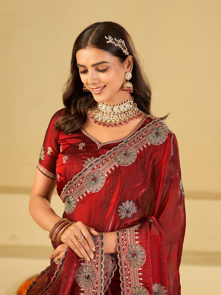 Ruby Red Designer Fendy Satin Saree with Heavy Embroidered Border | Premium Festive Party Wear Saree with Floral Embroidery & Matching Blouse