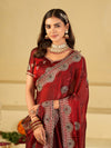 Ruby Red Designer Fendy Satin Saree with Heavy Embroidered Border | Premium Festive Party Wear Saree with Floral Embroidery & Matching Blouse