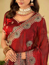 Ruby Red Designer Fendy Satin Saree with Heavy Embroidered Border | Premium Festive Party Wear Saree with Floral Embroidery & Matching Blouse