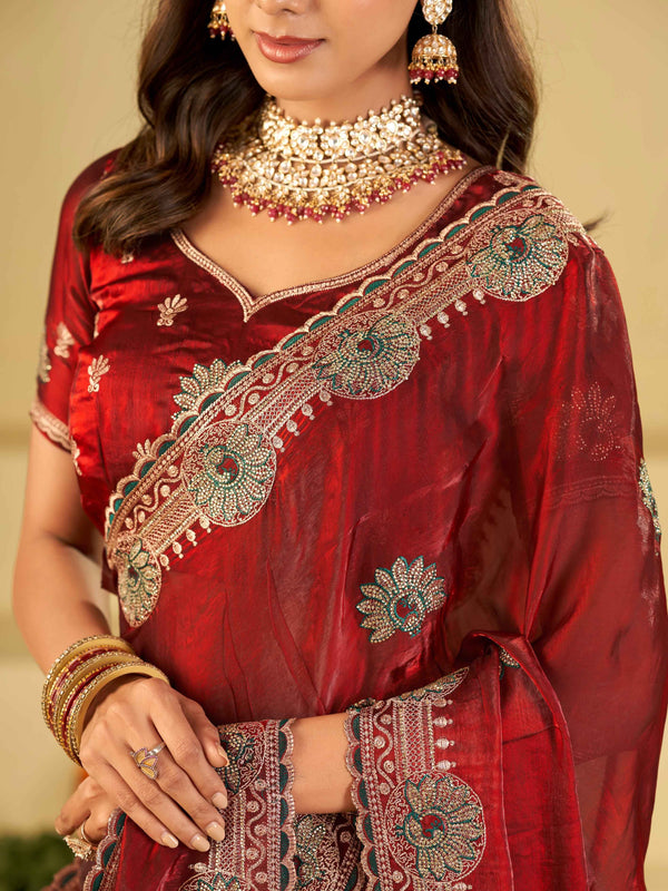 Ruby Red Designer Fendy Satin Saree with Heavy Embroidered Border | Premium Festive Party Wear Saree with Floral Embroidery & Matching Blouse
