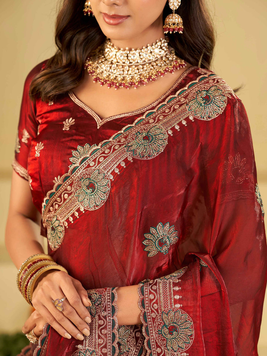 Ruby Red Designer Fendy Satin Saree with Heavy Embroidered Border | Premium Festive Party Wear Saree with Floral Embroidery & Matching Blouse