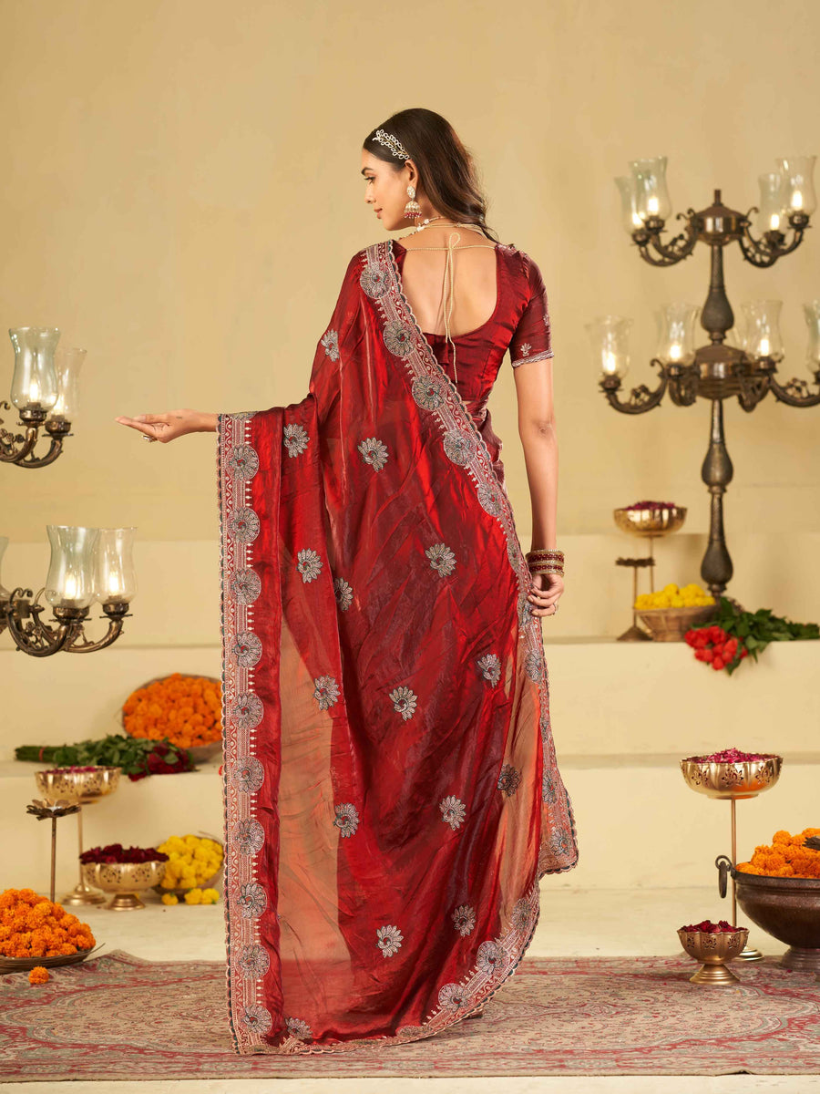 Ruby Red Designer Fendy Satin Saree with Heavy Embroidered Border | Premium Festive Party Wear Saree with Floral Embroidery & Matching Blouse