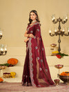 Wine Maroon Designer Fendy Satin Saree with Heavy Embroidered Border | Party Wear Festive Saree with Floral Embroidery & Matching Blouse
