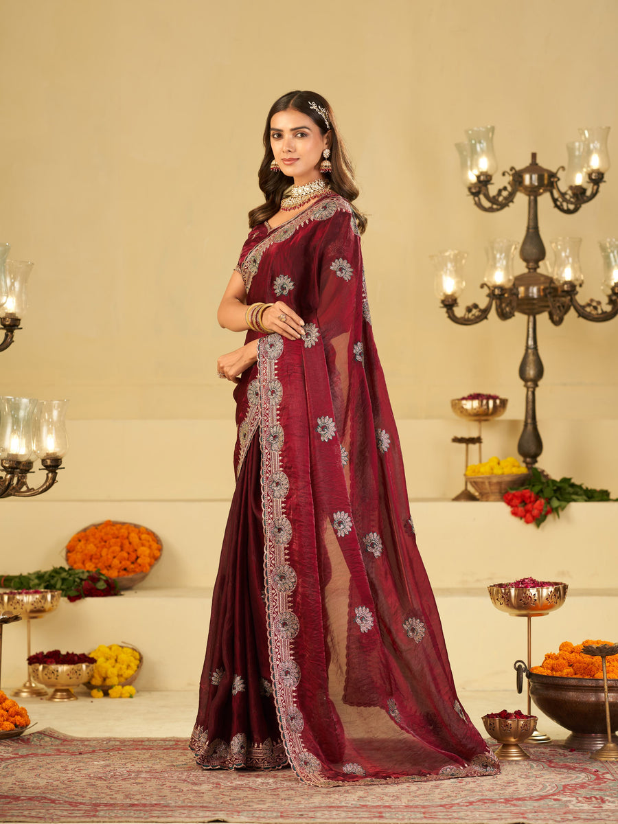 Wine Maroon Designer Fendy Satin Saree with Heavy Embroidered Border | Party Wear Festive Saree with Floral Embroidery & Matching Blouse