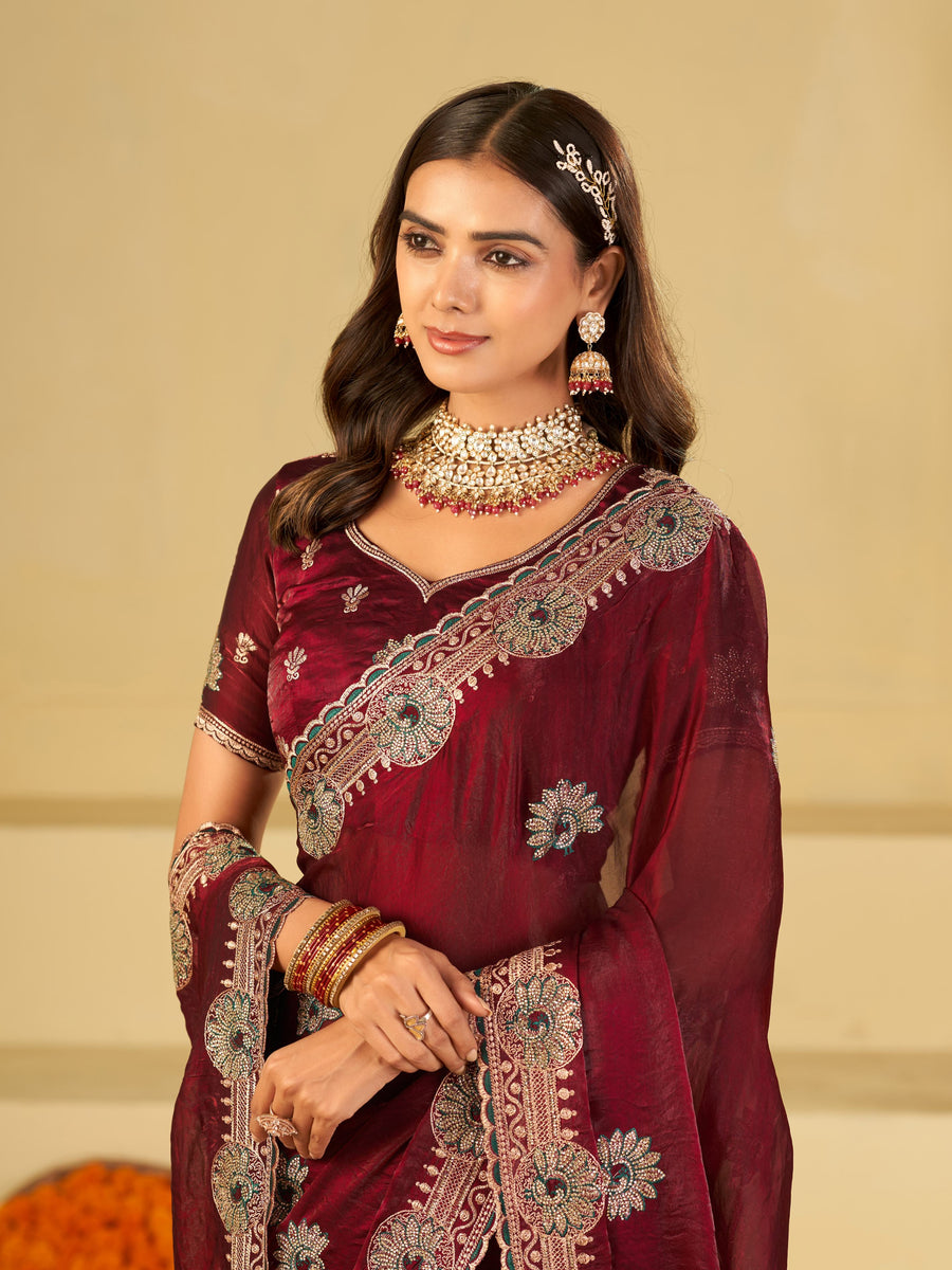 Wine Maroon Designer Fendy Satin Saree with Heavy Embroidered Border | Party Wear Festive Saree with Floral Embroidery & Matching Blouse
