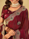 Wine Maroon Designer Fendy Satin Saree with Heavy Embroidered Border | Party Wear Festive Saree with Floral Embroidery & Matching Blouse