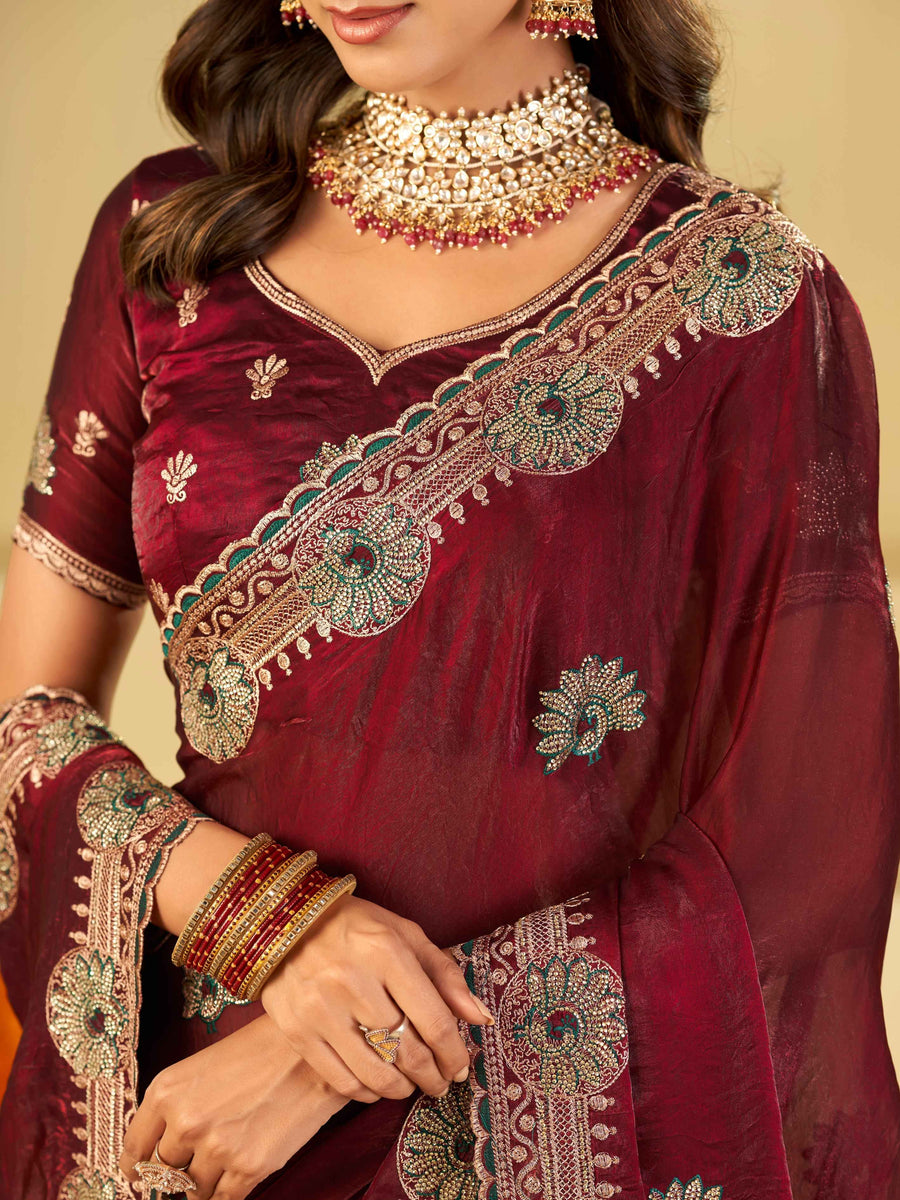 Wine Maroon Designer Fendy Satin Saree with Heavy Embroidered Border | Party Wear Festive Saree with Floral Embroidery & Matching Blouse