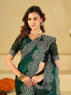 Bottle Green Fendy Satin Saree with White Floral Embroidery Border | Designer Party Wear Saree with Blouse