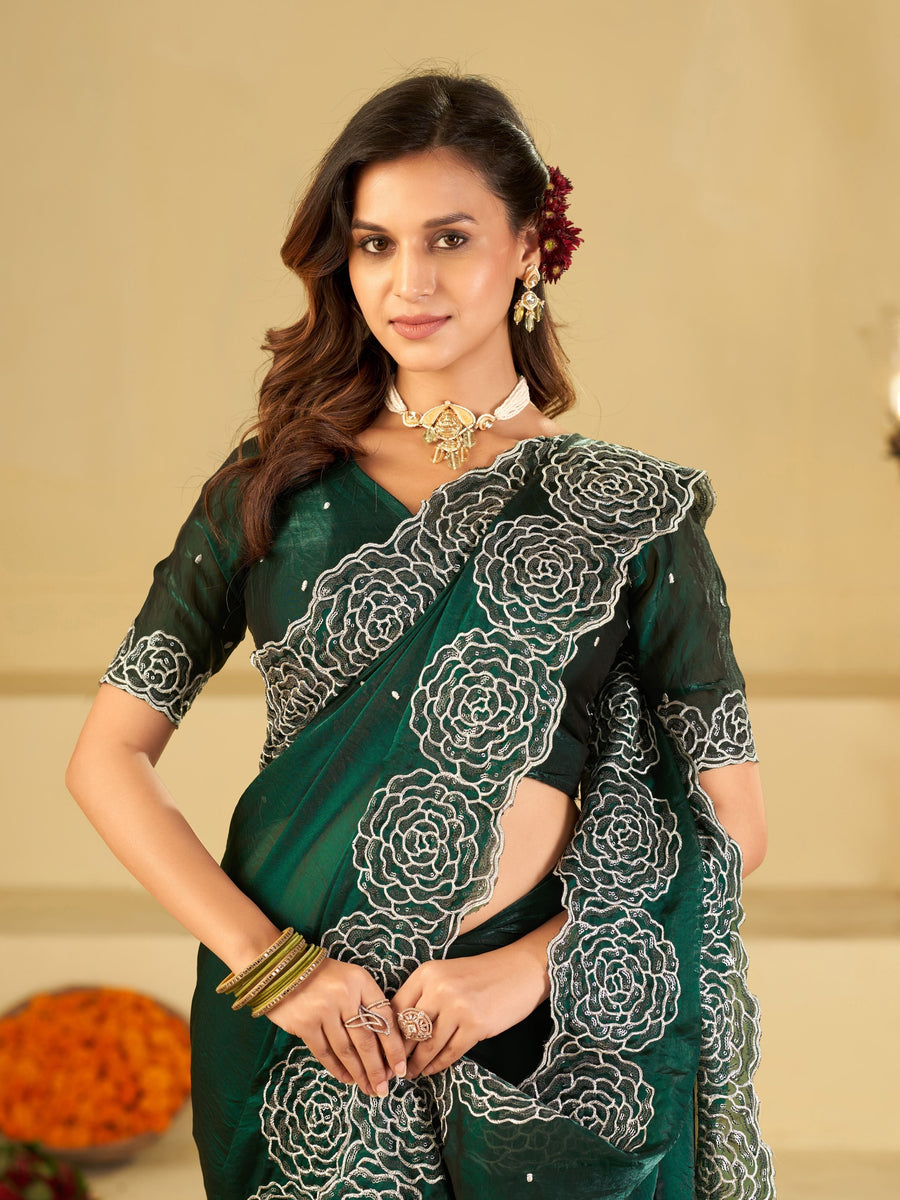Bottle Green Fendy Satin Saree with White Floral Embroidery Border | Designer Party Wear Saree with Blouse