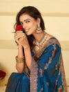 Teal Blue Designer Fendy Satin Saree with Floral Embroidery Work | Premium Party Wear Embroidered Saree with Blouse