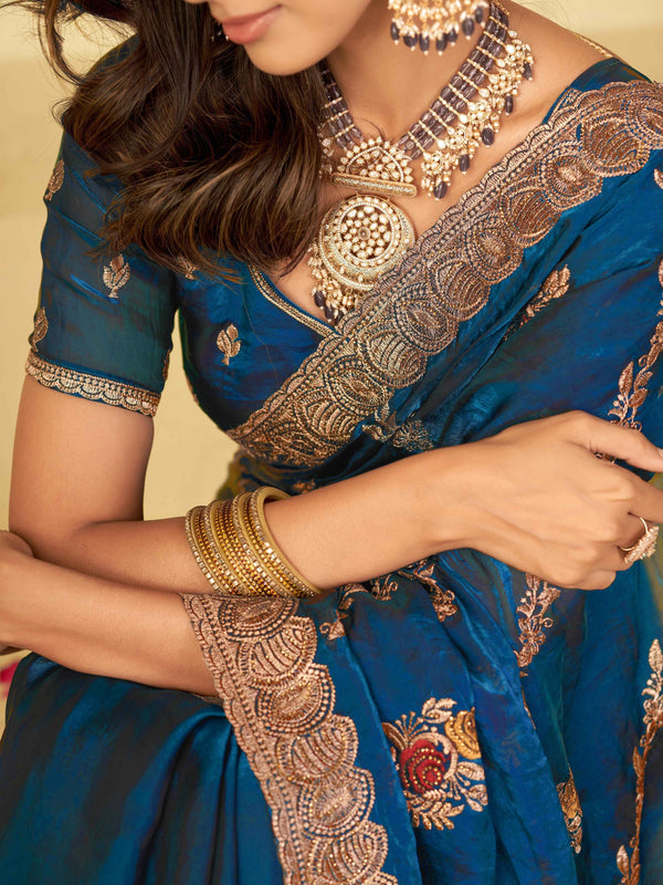 Teal Blue Designer Fendy Satin Saree with Floral Embroidery Work | Premium Party Wear Embroidered Saree with Blouse