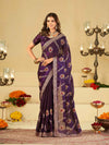 Royal Purple Designer Fendy Satin Saree with Floral Embroidery Work | Premium Party Wear Embroidered Saree with Blouse
