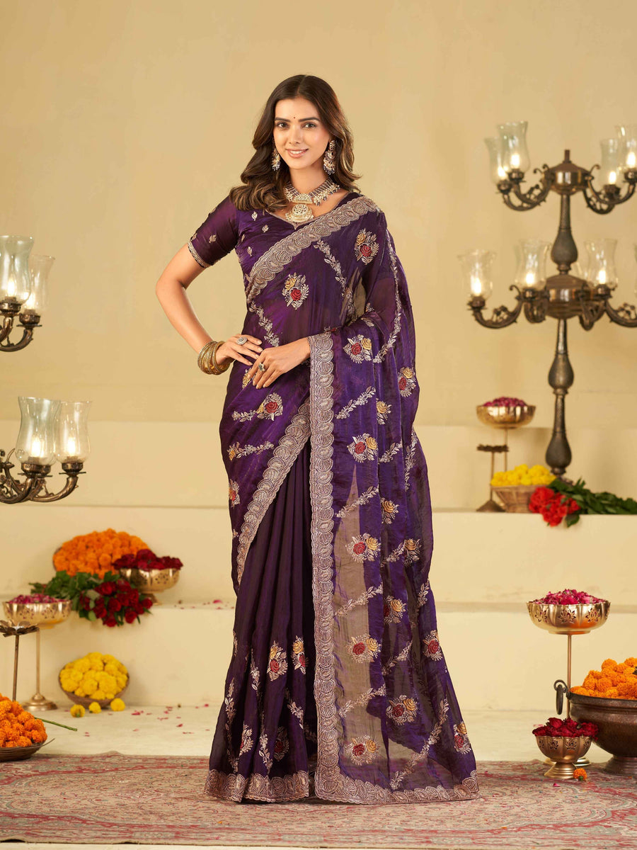 Royal Purple Designer Fendy Satin Saree with Floral Embroidery Work | Premium Party Wear Embroidered Saree with Blouse