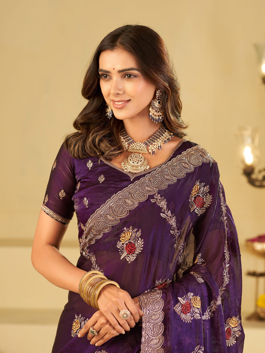 Royal Purple Designer Fendy Satin Saree with Floral Embroidery Work | Premium Party Wear Embroidered Saree with Blouse