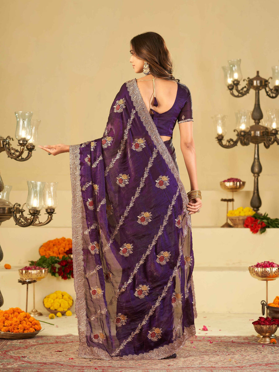 Royal Purple Designer Fendy Satin Saree with Floral Embroidery Work | Premium Party Wear Embroidered Saree with Blouse