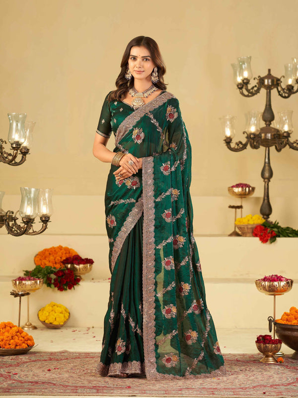 Emerald Green Designer Fendy Satin Saree with Floral Embroidery Work | Premium Party Wear Embroidered Saree with Blouse
