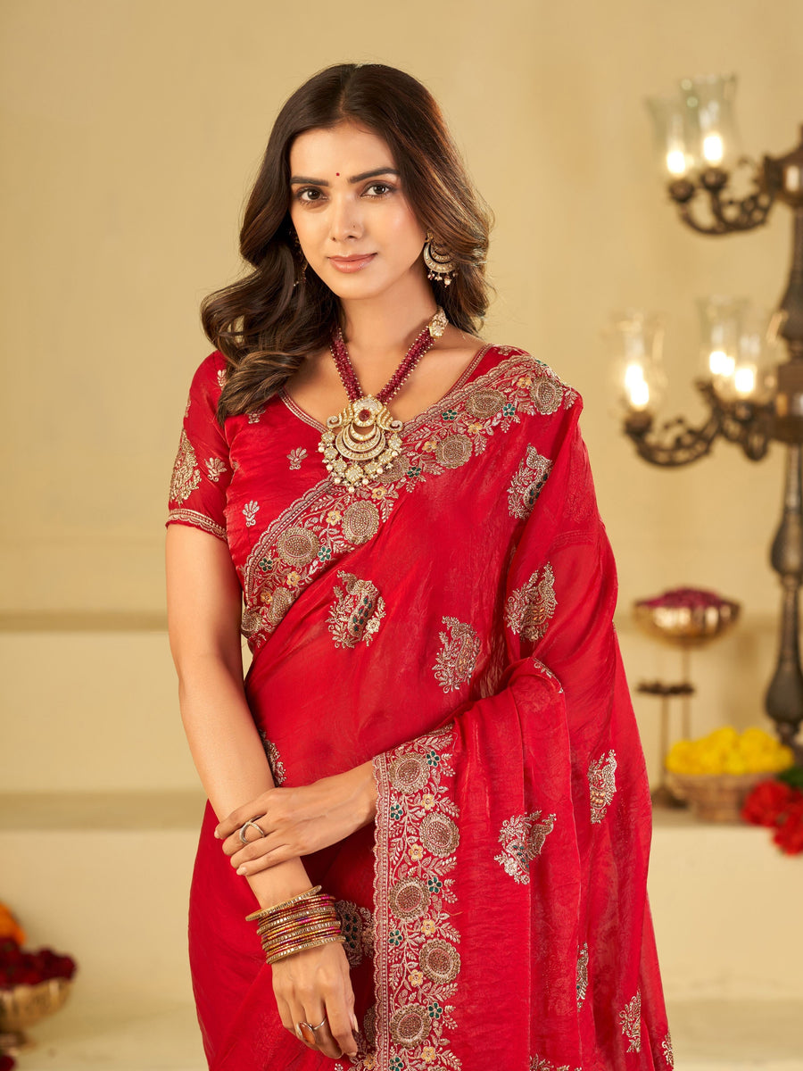 Rani Pink Designer Fendy Satin Saree with Heavy Embroidery Work | Premium Wedding Party Wear Saree with Embroidered Border & Blouse