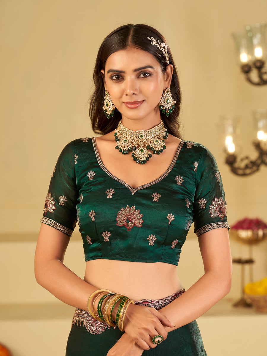 Emerald Green Designer Fendy Satin Saree with Heavy Embroidered Border | Premium Festive Party Wear Saree with Floral Embroidery & Matching Blouse