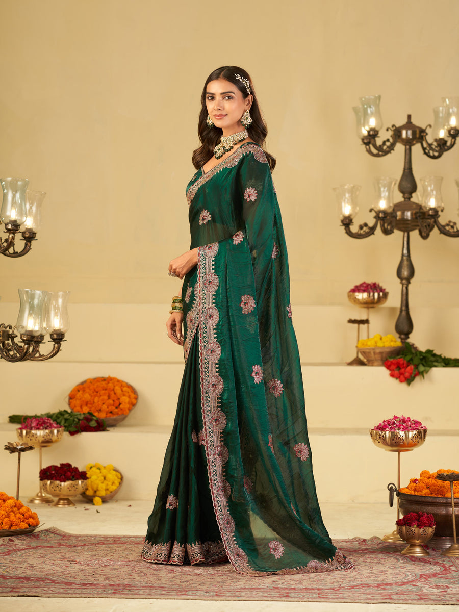 Emerald Green Designer Fendy Satin Saree with Heavy Embroidered Border | Premium Festive Party Wear Saree with Floral Embroidery & Matching Blouse